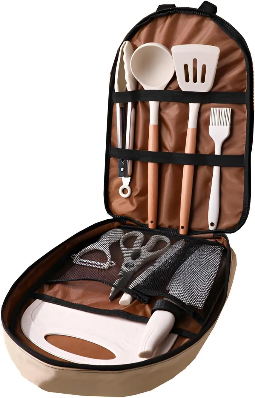 [Ellniges]【Camping Cutlery Set】10-in-1 Outdoor Cooking Kit with【Non-Scratch Ceramic Blades & Organized Pouch】, BBQ Accessories for Backpacking, Tailgating, Survival Gear Enthusiasts