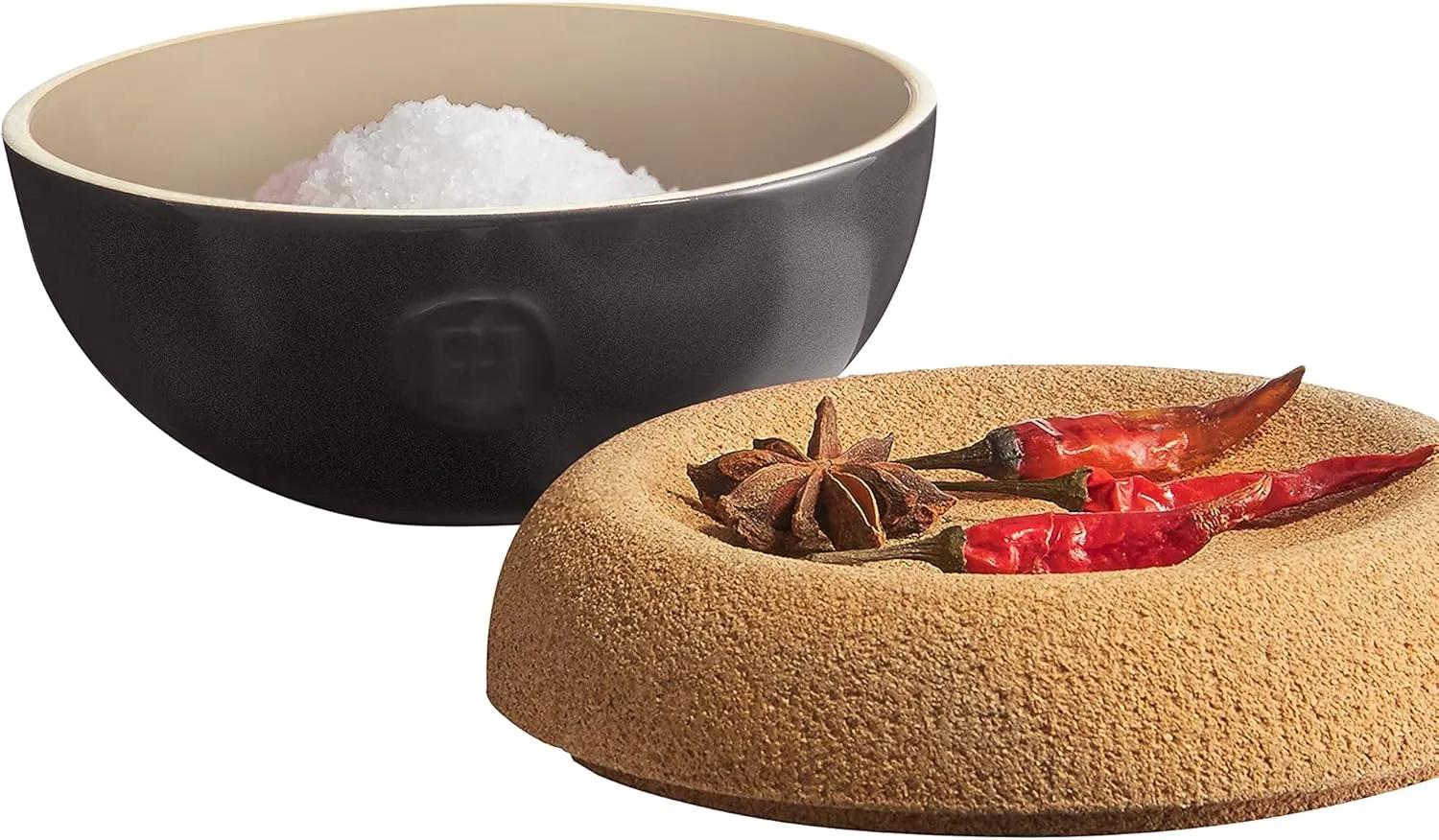 Emile Henry Made in France Cork Cover Salt Cellar, 5.8in diameter, Black Flame