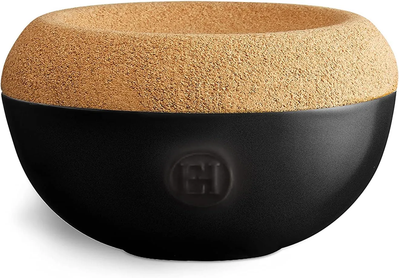 Emile Henry Made in France Cork Cover Salt Cellar, 5.8in diameter, Black Flame