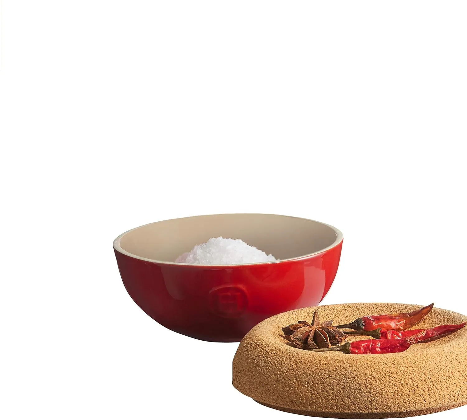 Emile Henry Made in France cork cover Salt Cellar, 5.8in diameter, Burgundy