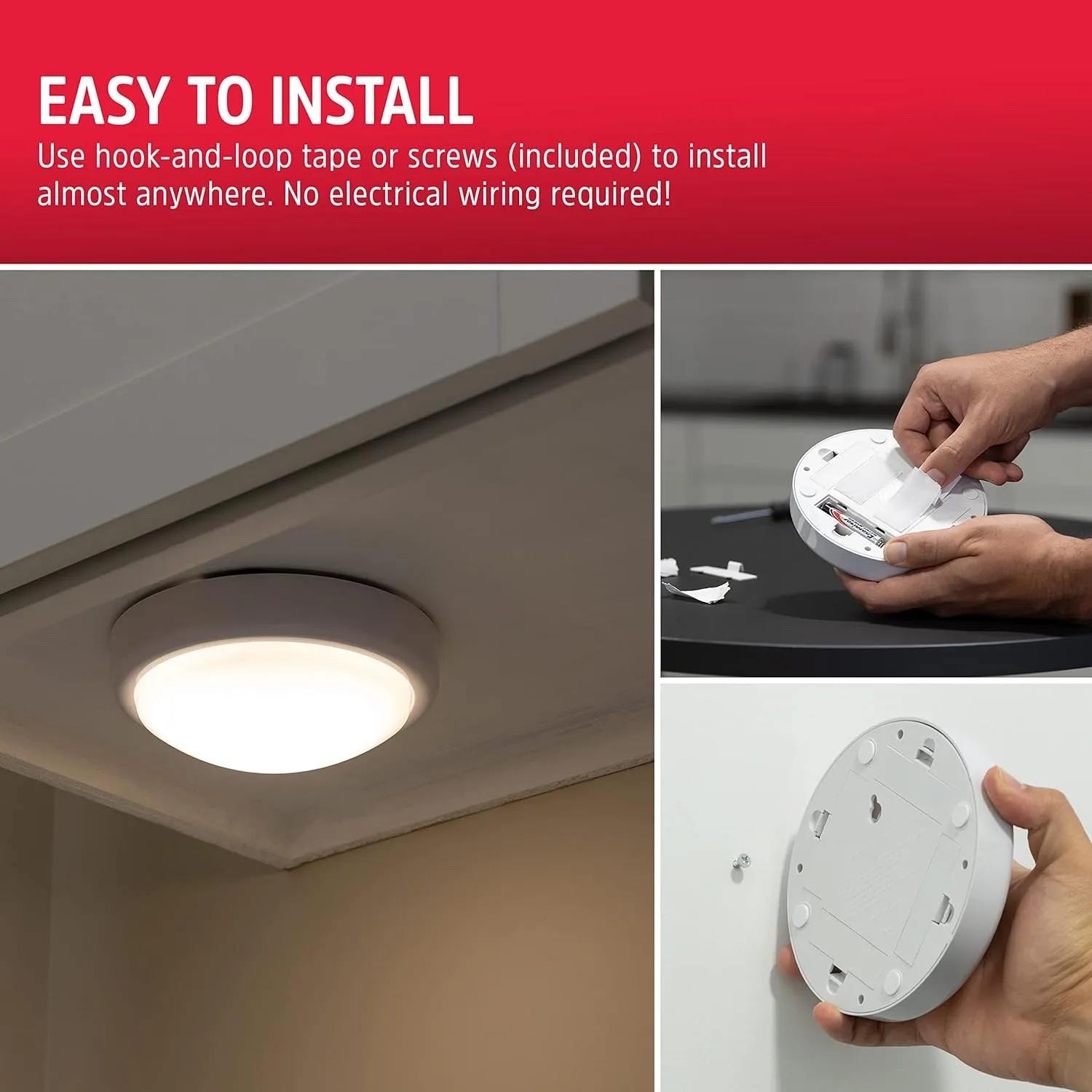 Energizer LED Tap, 4 Pack, Push, Battery Operated, Touch, Stick On Lights, Wireless, Puck, Under Cabinet Lighting, Perfect for Closets, Kitchen and More, 48958-P1