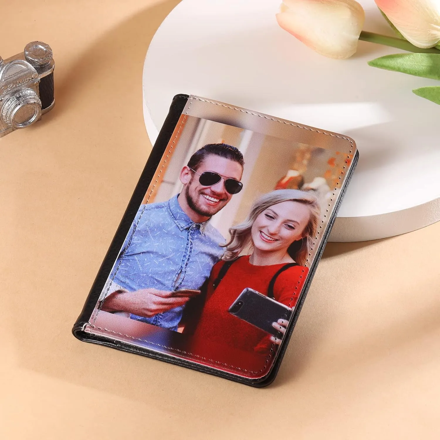 Engraved Leather Front Pocket Wallet,Custom Picture & Name Minimalist Card Case Wallet,Credit Card Holders Personalized Gifts for Women Men Dad Son