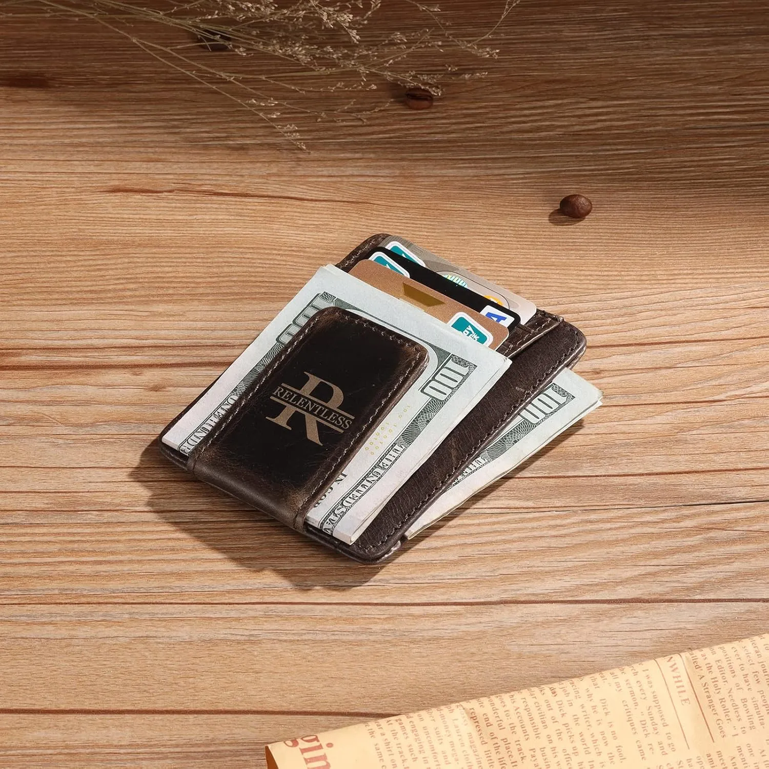 Engraved Leather Front Pocket Wallet,Custom Picture & Name Minimalist Card Case Wallet,Credit Card Holders Personalized Gifts for Women Men Dad Son
