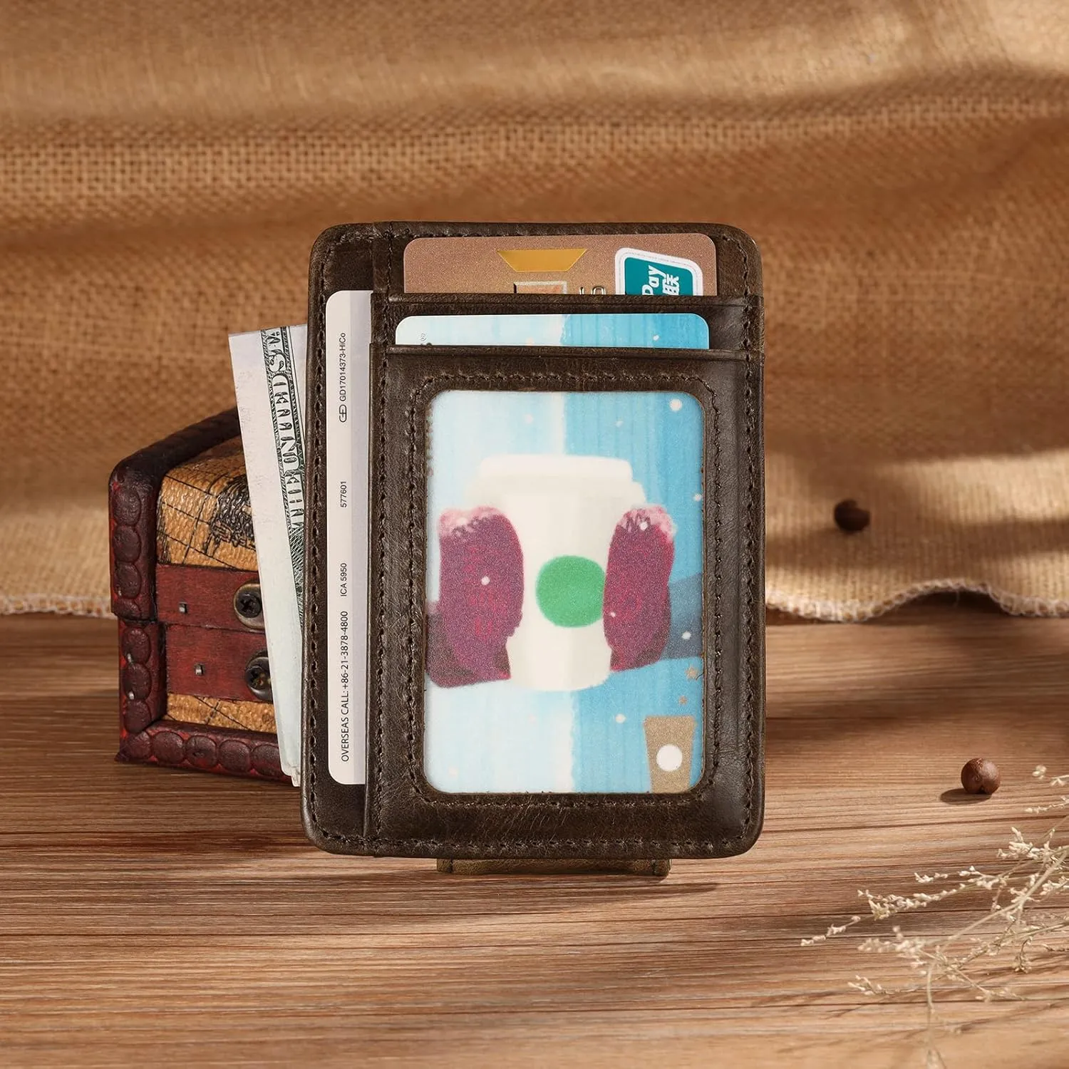 Engraved Leather Front Pocket Wallet,Custom Picture & Name Minimalist Card Case Wallet,Credit Card Holders Personalized Gifts for Women Men Dad Son