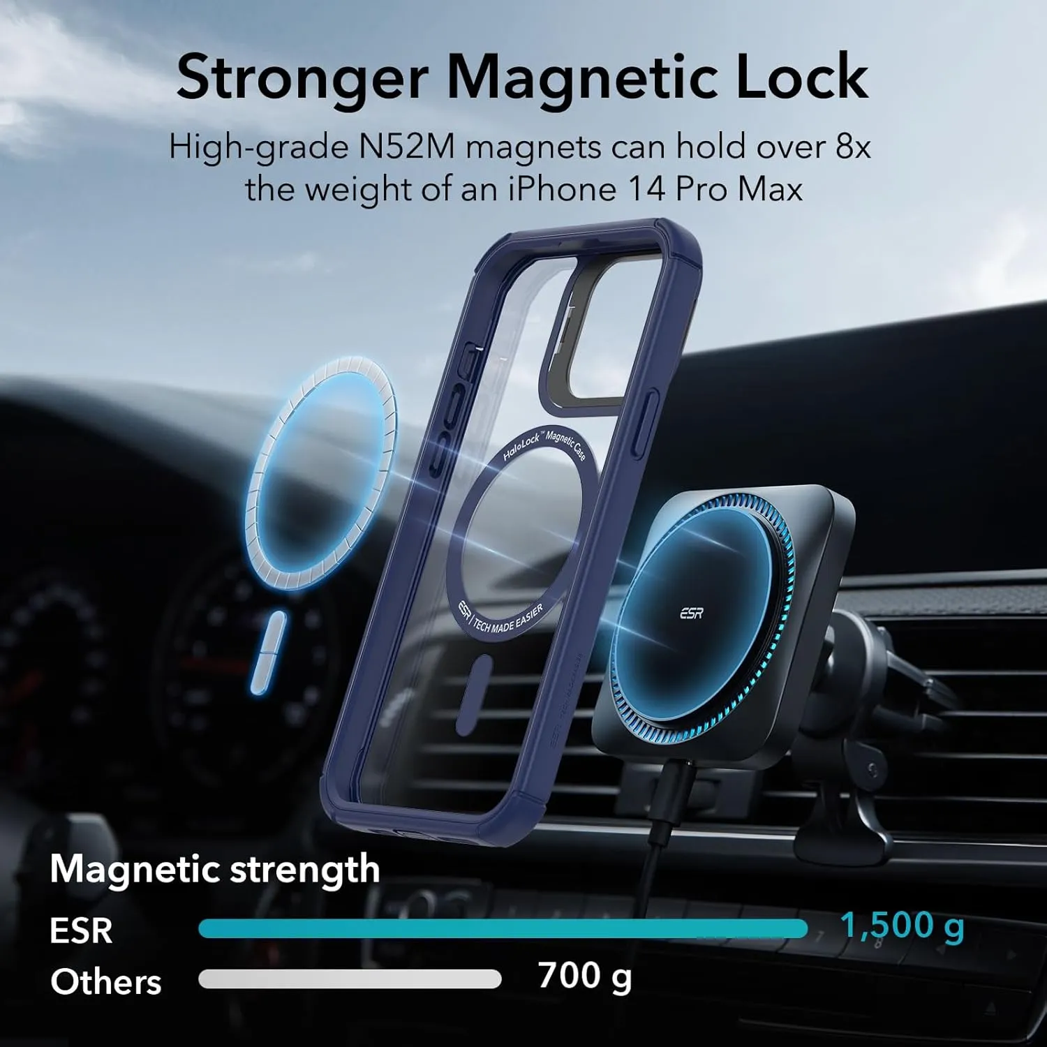 ESR for iPhone 13 Pro Max Case with Stand, Compatible with MagSafe, Full-Body Military-Grade Drop Proof Case with Built-in 9H  Tempered Glass Screen Protector, Armor Series, Clear Dark Blue