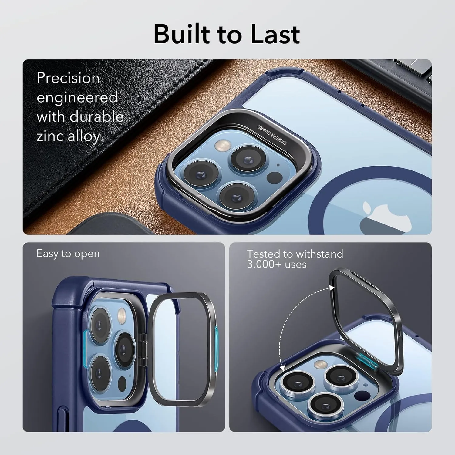 ESR for iPhone 13 Pro Max Case with Stand, Compatible with MagSafe, Full-Body Military-Grade Drop Proof Case with Built-in 9H  Tempered Glass Screen Protector, Armor Series, Clear Dark Blue