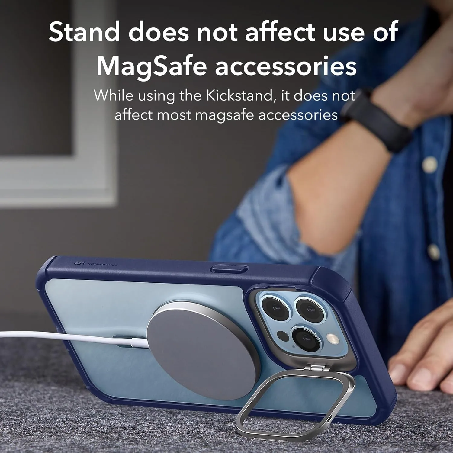 ESR for iPhone 13 Pro Max Case with Stand, Compatible with MagSafe, Full-Body Military-Grade Drop Proof Case with Built-in 9H  Tempered Glass Screen Protector, Armor Series, Clear Dark Blue