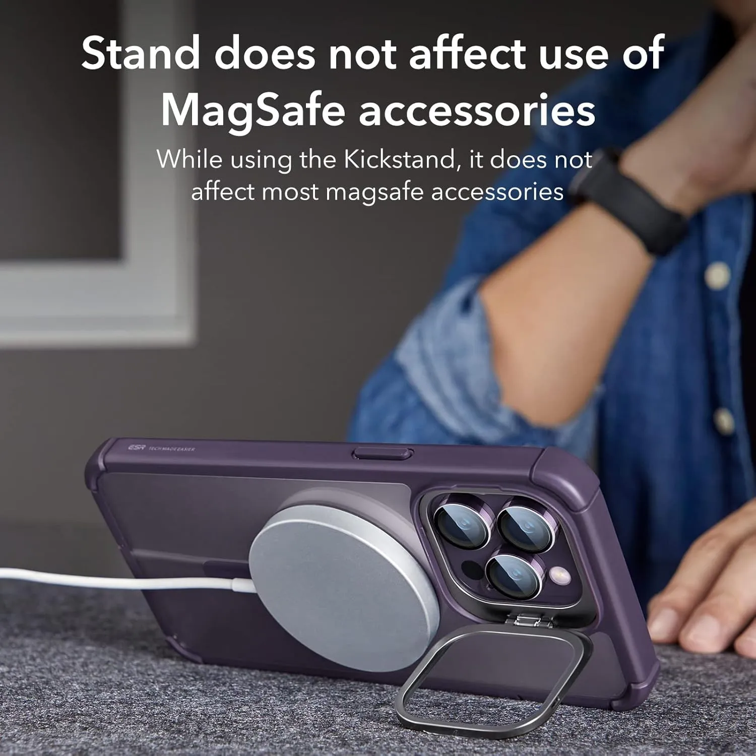 ESR for iPhone 14 Pro Max Case with Stand, Compatible with MagSafe, Full-Body Military-Grade Drop Proof Case with Built-in 9H  Tempered Glass Screen Protector, Armor Series, Clear Purple