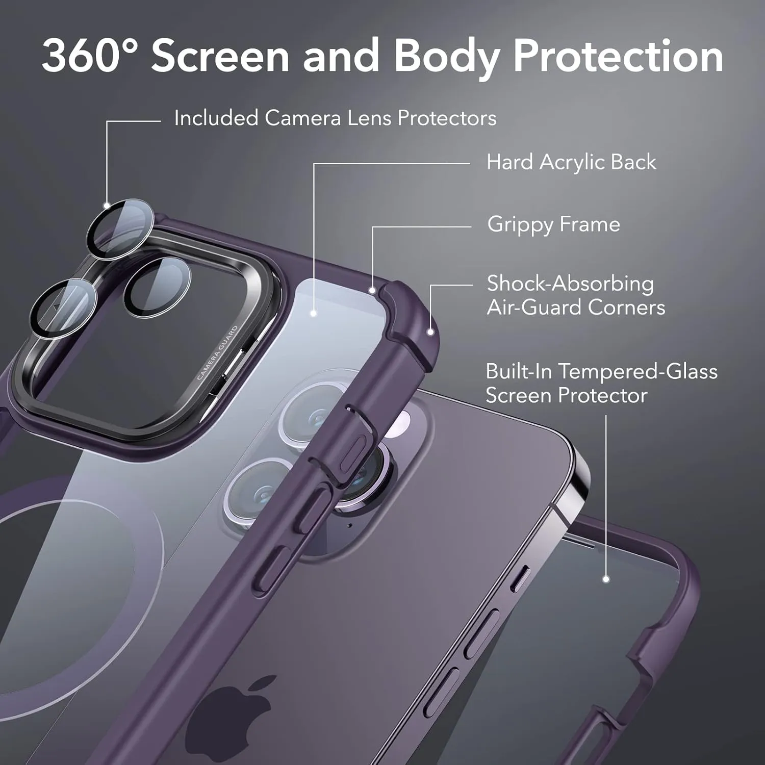 ESR for iPhone 14 Pro Max Case with Stand, Compatible with MagSafe, Full-Body Military-Grade Drop Proof Case with Built-in 9H  Tempered Glass Screen Protector, Armor Series, Clear Purple