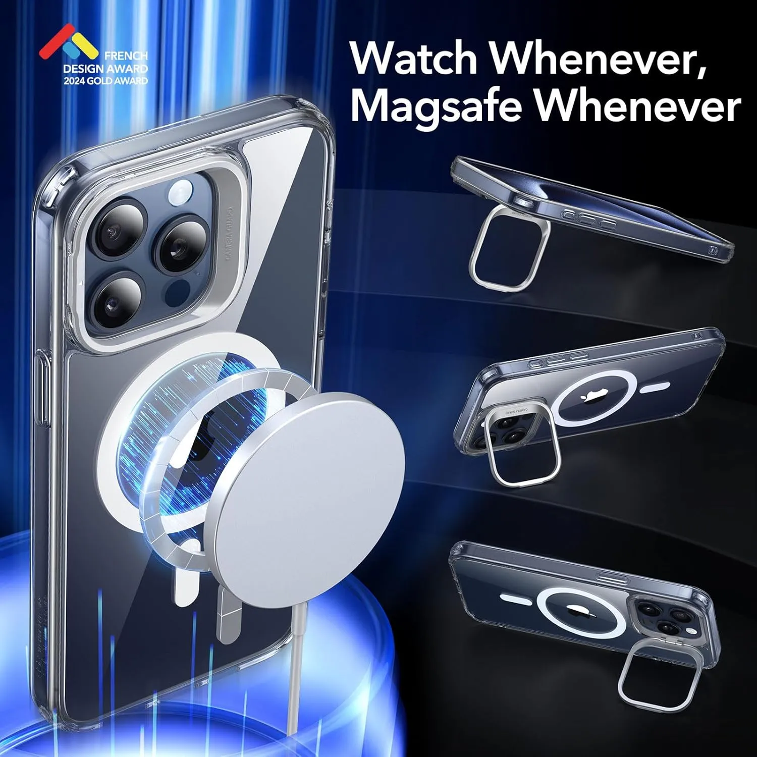 ESR for iPhone 15 Pro Max Case, Compatible with MagSafe, Military-Grade Protective Case, Built-in Stash Stand Phone Case, Scratch-Resistant Back Cover, Classic Series, Clear