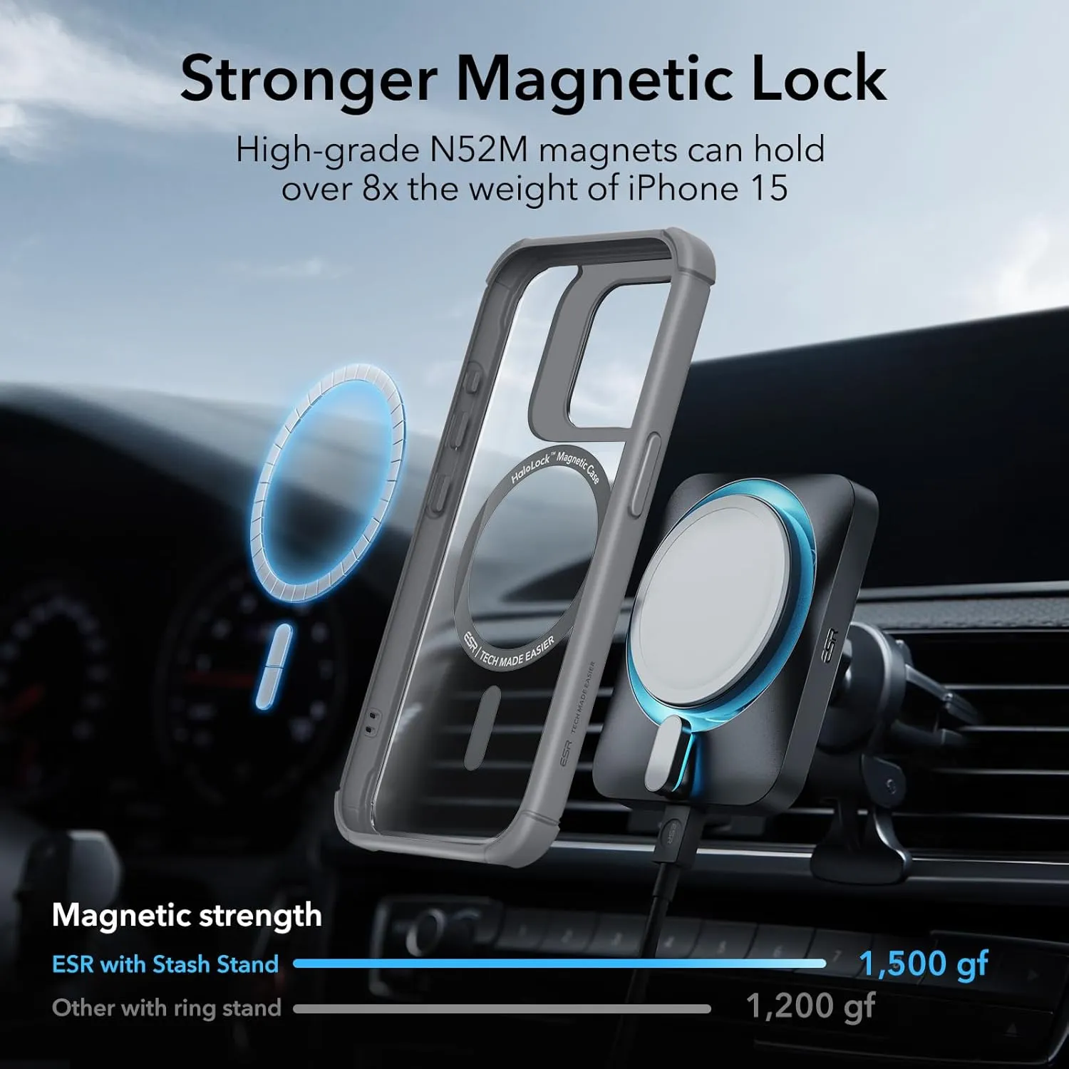 ESR for iPhone 15 Pro Max Case with Stand, Compatible with MagSafe, Full-Body Military-Grade Drop Proof Case with Built-in 9H  Tempered Glass Screen Protector, Armor Series, Clear Grey
