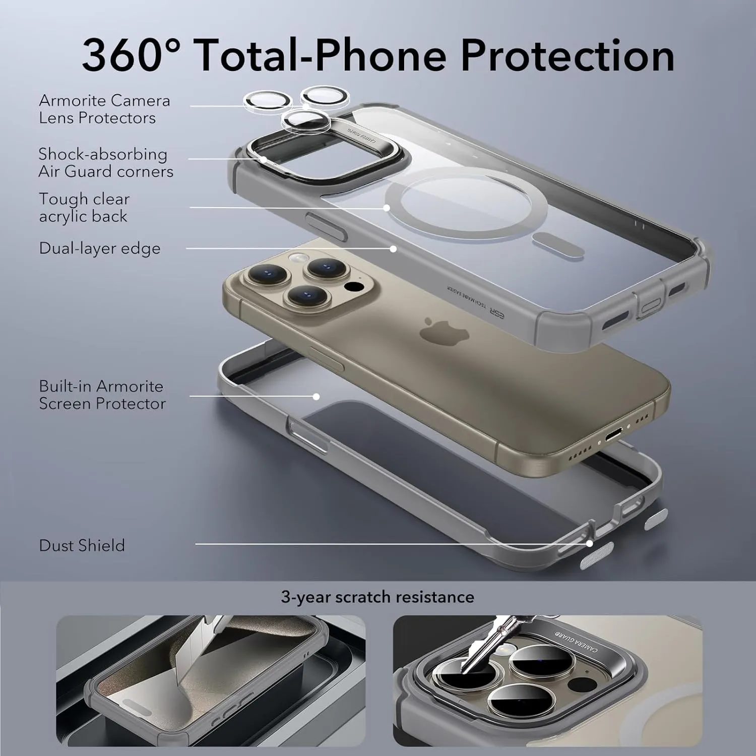ESR for iPhone 15 Pro Max Case with Stand, Compatible with MagSafe, Full-Body Military-Grade Drop Proof Case with Built-in 9H  Tempered Glass Screen Protector, Armor Series, Clear Grey
