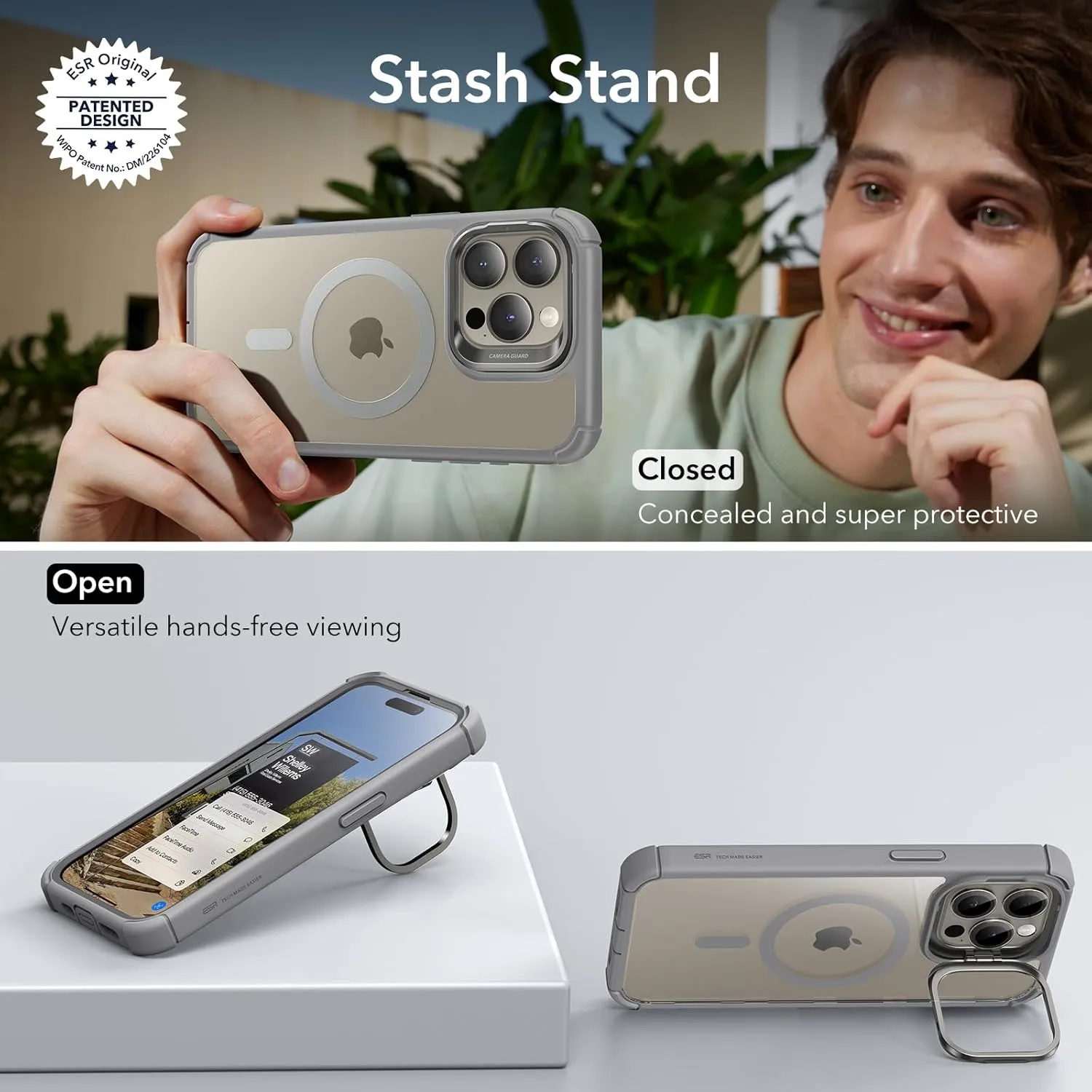 ESR for iPhone 15 Pro Max Case with Stand, Compatible with MagSafe, Full-Body Military-Grade Drop Proof Case with Built-in 9H  Tempered Glass Screen Protector, Armor Series, Clear Grey