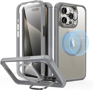 ESR for iPhone 15 Pro Max Case with Stand, Compatible with MagSafe, Full-Body Military-Grade Drop Proof Case with Built-in 9H  Tempered Glass Screen Protector, Armor Series, Clear Grey