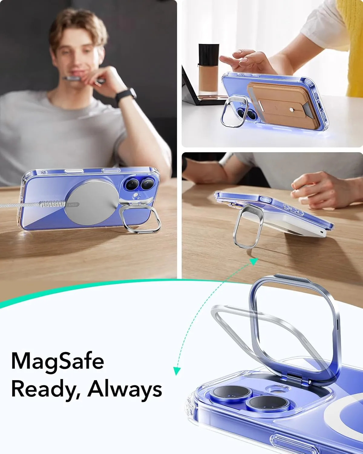 ESR for iPhone 16 Case, Camera Control Button Compatible with MagSafe, Military-Grade Protective Case for iPhone 16,Built-in Stash Stand Phone Case, Scratch-Resistant Back Cover, Clear