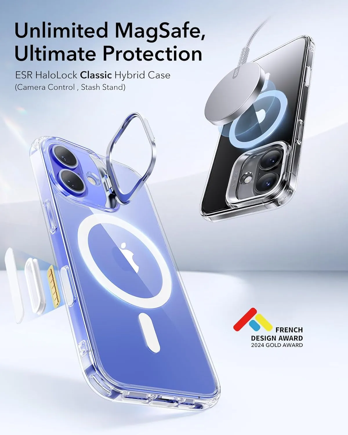 ESR for iPhone 16 Case, Camera Control Button Compatible with MagSafe, Military-Grade Protective Case for iPhone 16,Built-in Stash Stand Phone Case, Scratch-Resistant Back Cover, Clear