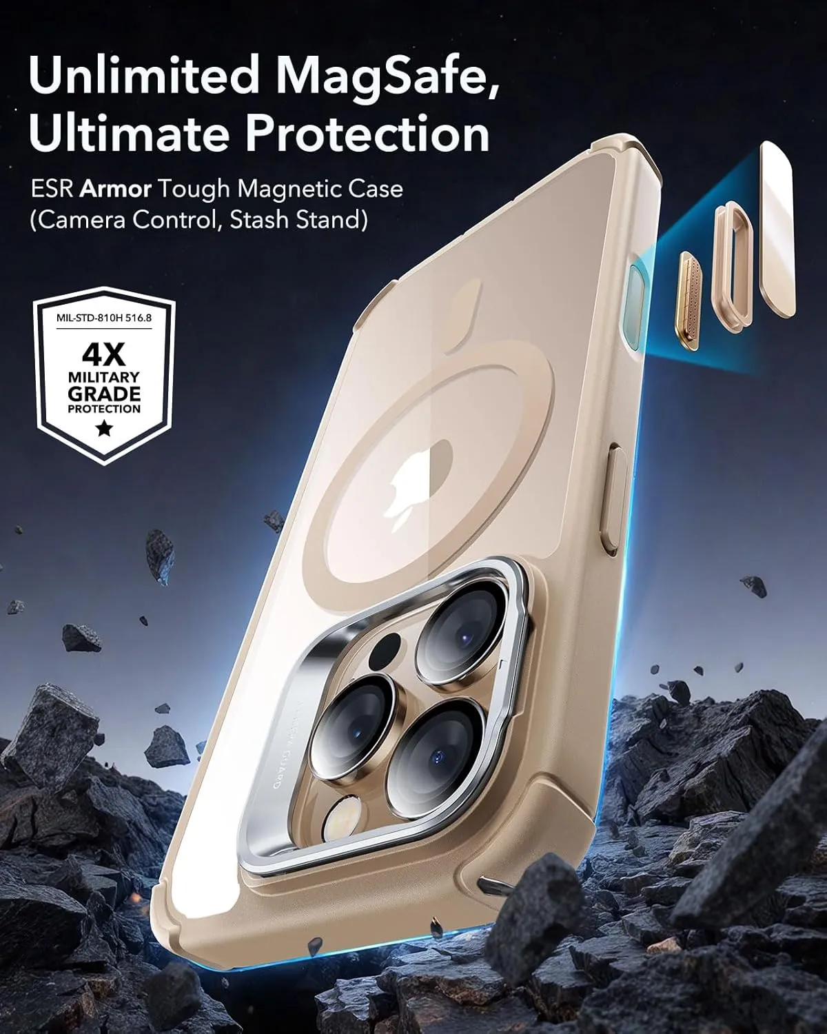 ESR for iPhone 16 Pro Case with Stand, Camera Control Button Compatible with MagSafe, Full-Body Military-Grade Drop Proof Case with Built-in 9H  Tempered Glass Screen Protector, Clear Gold