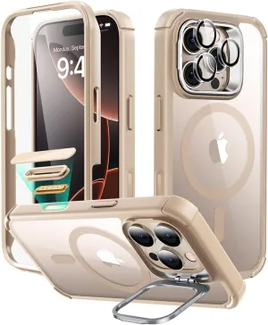 ESR for iPhone 16 Pro Case with Stand, Camera Control Button Compatible with MagSafe, Full-Body Military-Grade Drop Proof Case with Built-in 9H  Tempered Glass Screen Protector, Clear Gold