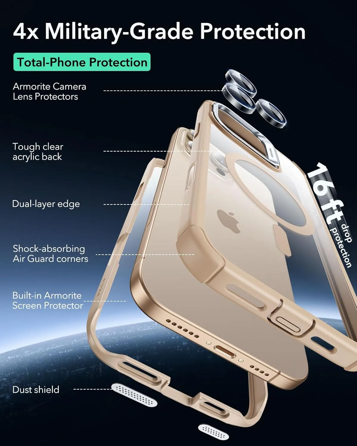 ESR for iPhone 16 Pro Case with Stand, Camera Control Button Compatible with MagSafe, Full-Body Military-Grade Drop Proof Case with Built-in 9H  Tempered Glass Screen Protector, Clear Gold