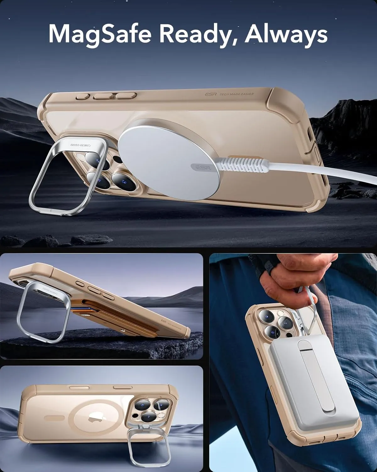 ESR for iPhone 16 Pro Case with Stand, Camera Control Button Compatible with MagSafe, Full-Body Military-Grade Drop Proof Case with Built-in 9H  Tempered Glass Screen Protector, Clear Gold