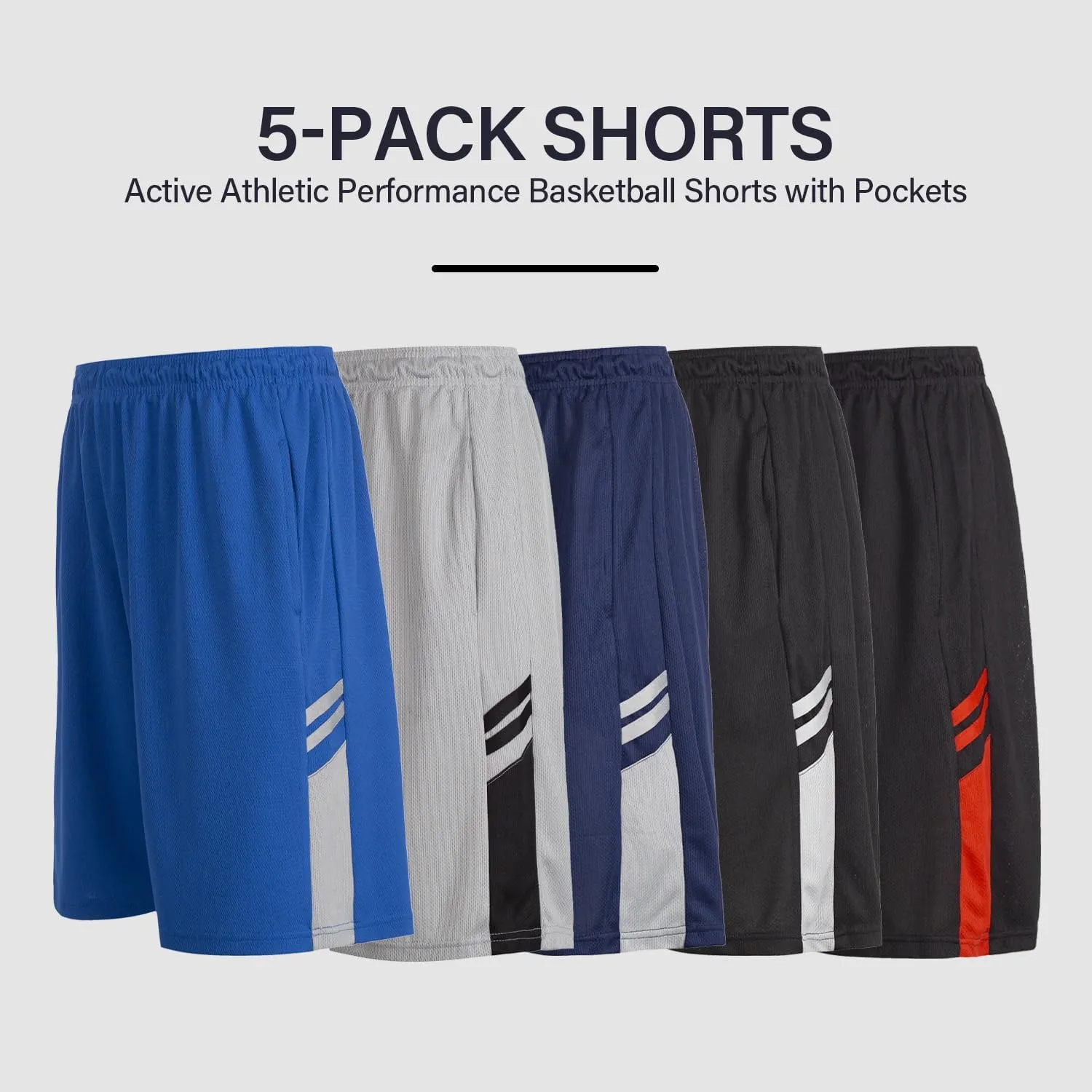 Essential Elements Boys 5-Pack Active Athletic Performance Basketball Shorts with Pockets