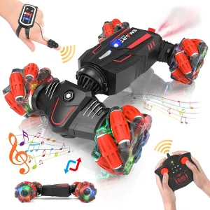 Eulogia Remote Control Car, Double Sides RC Stunt Cars with 360° Rotation, Auto Demo, Spray and Music, Colorful LED Lights, 4WD All-Terrain RC Cars Toys for 4-7 Years Old Boys as Kids Present (Red)