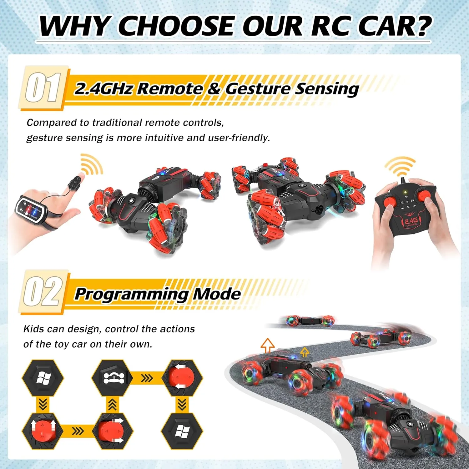 Eulogia Remote Control Car, Double Sides RC Stunt Cars with 360° Rotation, Auto Demo, Spray and Music, Colorful LED Lights, 4WD All-Terrain RC Cars Toys for 4-7 Years Old Boys as Kids Present (Red)