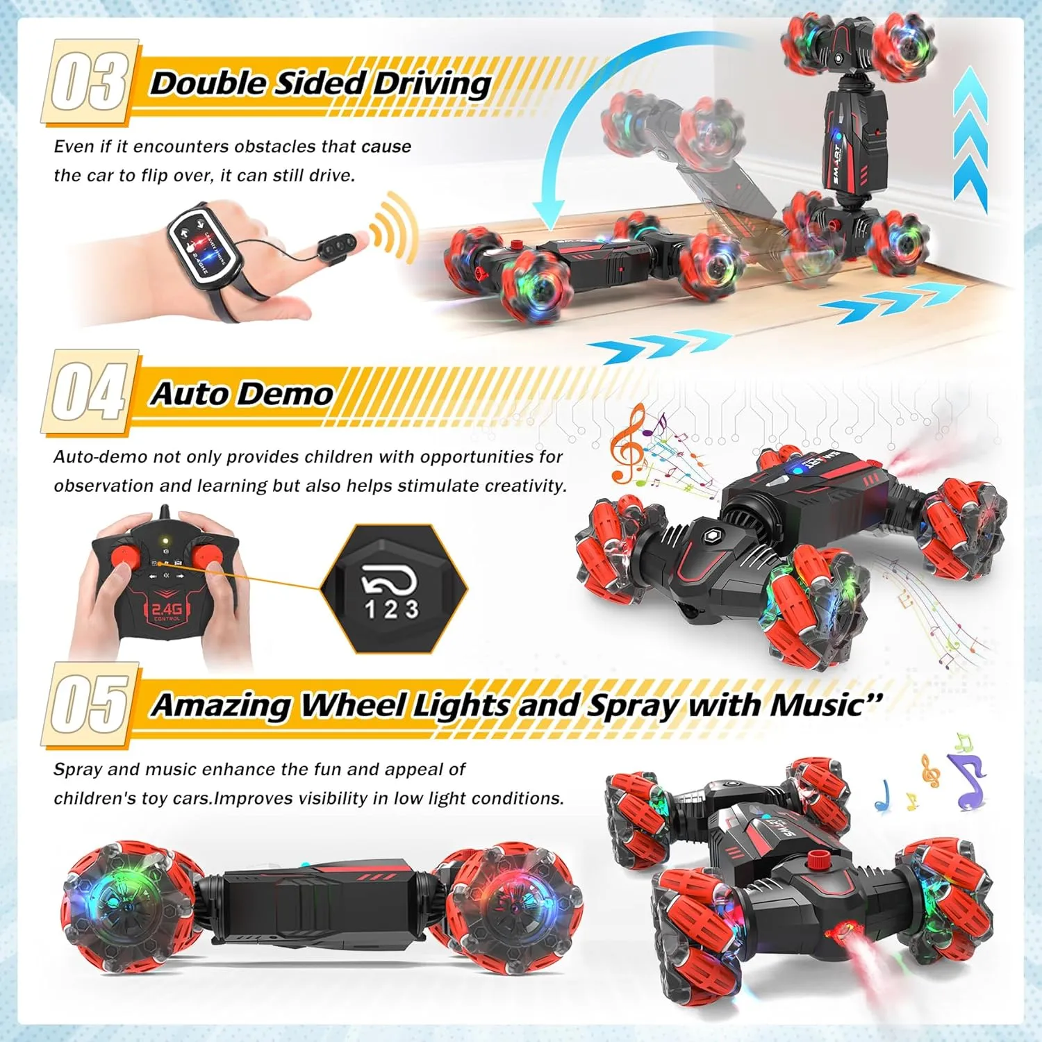 Eulogia Remote Control Car, Double Sides RC Stunt Cars with 360° Rotation, Auto Demo, Spray and Music, Colorful LED Lights, 4WD All-Terrain RC Cars Toys for 4-7 Years Old Boys as Kids Present (Red)