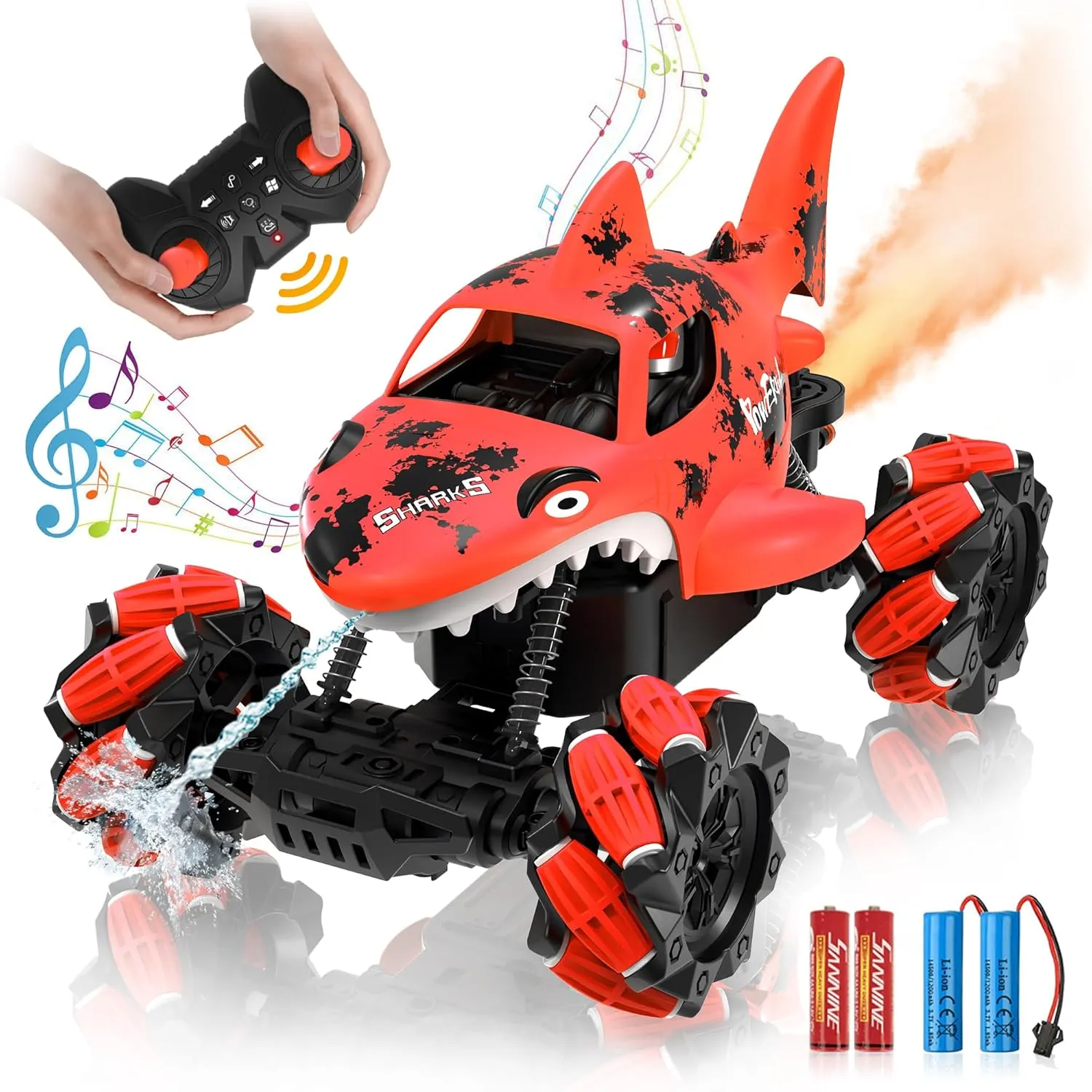 Eulogia Shark Remote Control Car, RC Stunt Car Toy with Water Shooting Spray, Music, 360-degree Rotations Drifting, One-Key Demo Programming Fun Truck Gift for Boys Grils (Red)