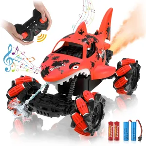 Eulogia Shark Remote Control Car, RC Stunt Car Toy with Water Shooting Spray, Music, 360-degree Rotations Drifting, One-Key Demo Programming Fun Truck Gift for Boys Grils (Red)