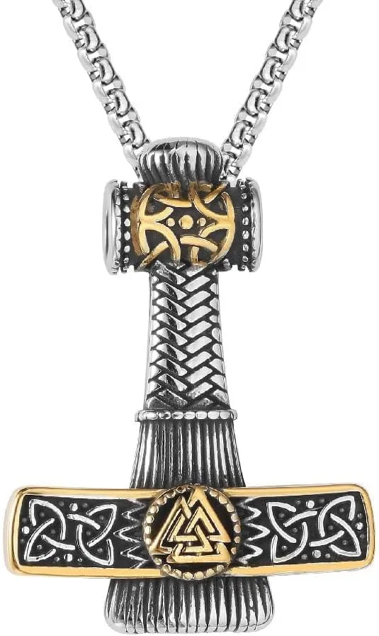 European and American Street Fashion Hip Hop Style Personality Vintage Viking Raytheon Hammer Men's Stainless Steel Pendant Necklace Chain