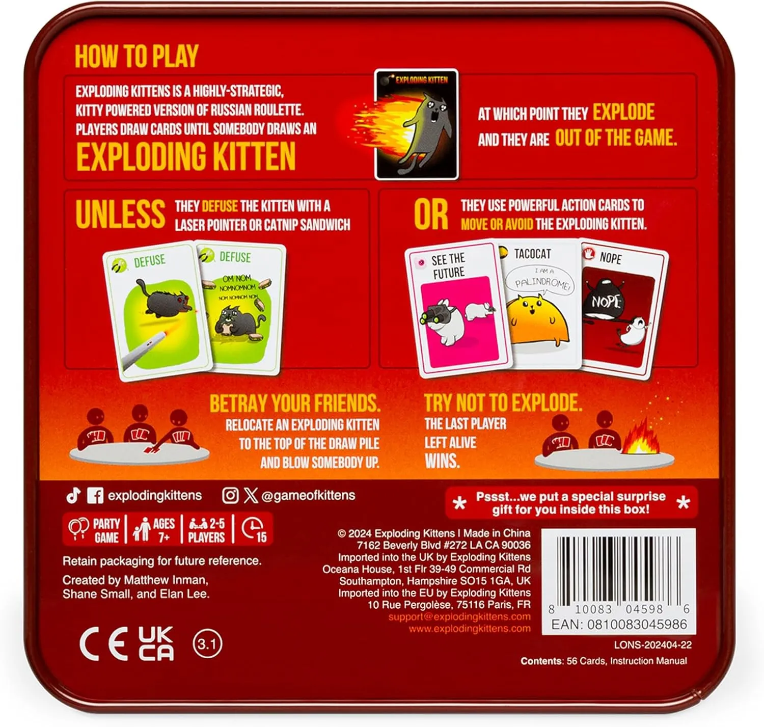 Exploding Kittens Original Edition in Collectible Tin - 2-5 Players - Ages 7  - 15 Minutes to Play - High Stakes Card Game - Party Game, Family Game Night, Kid and Adult Card Game