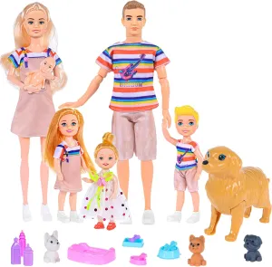 Family Dollhouse Dolls Playset - 6 People with Dollhouse Pets Included Pregnant Mom Dad 3 Kids and Accessories for 3-12 Years Old Toddlers Gift