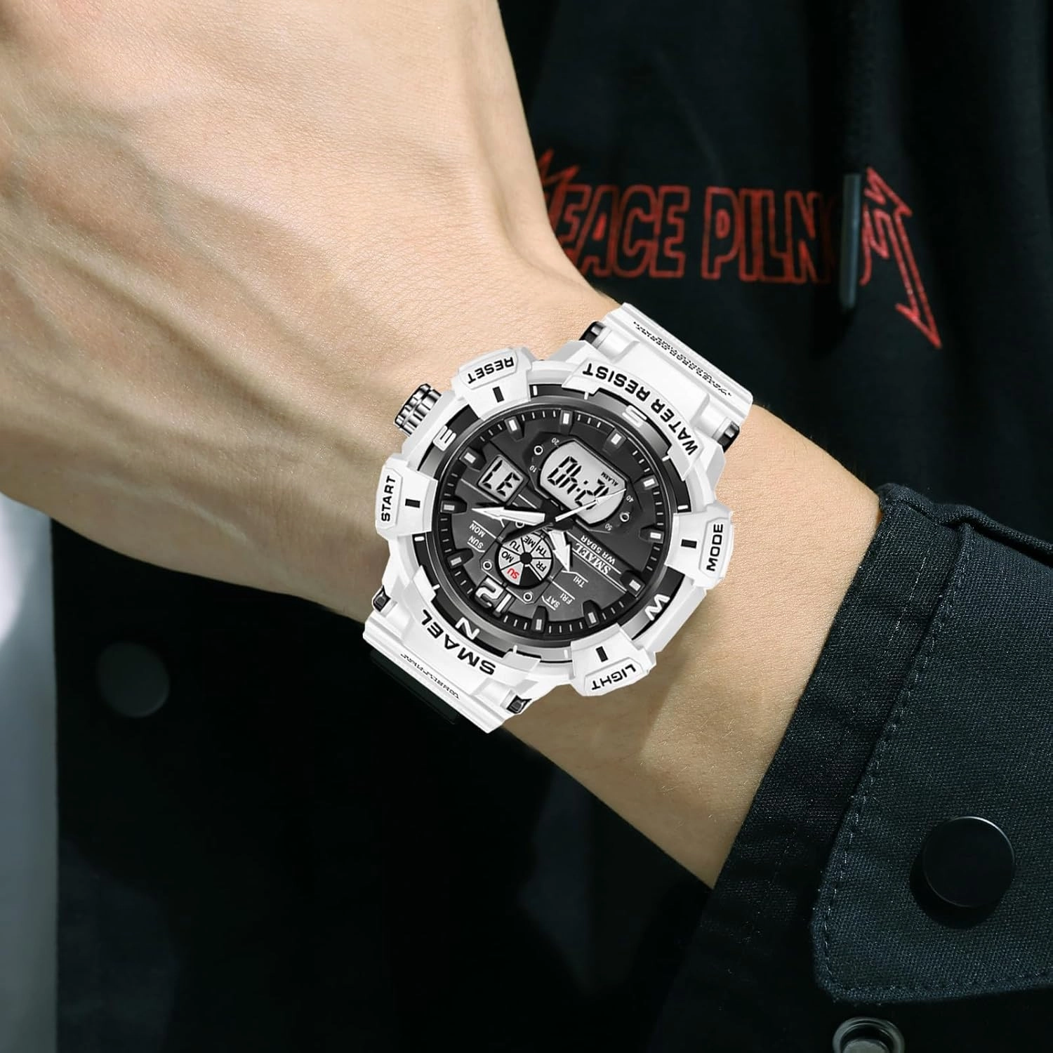 FANMIS Mens Analog Digital Sports Watch Large Face Outdoor Sports Waterproof Military Wrist Watches with Date Multifunction Tactics LED Army Watch Backlight Stopwatch (Black)