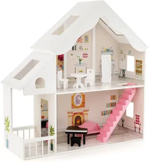 FANTASK Wooden Dollhouse with Accessories and Furniture, Wooden Dollhouse Toy for 28-36 cm Dolls for Children from 3 Years