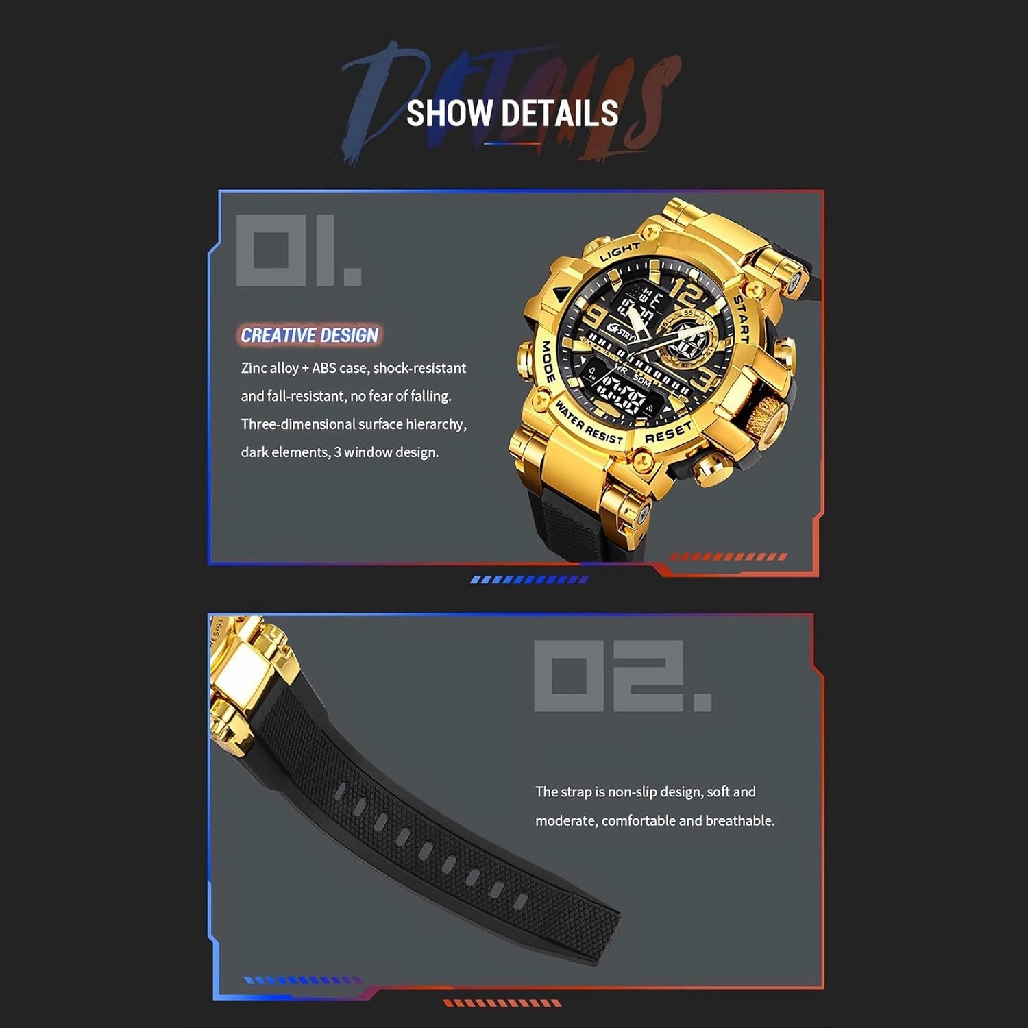 Fashion Colorful Men Digital Sport Watches Waterproof Male Clock Wristwatch Men's Dual Display Electronic Military Watch