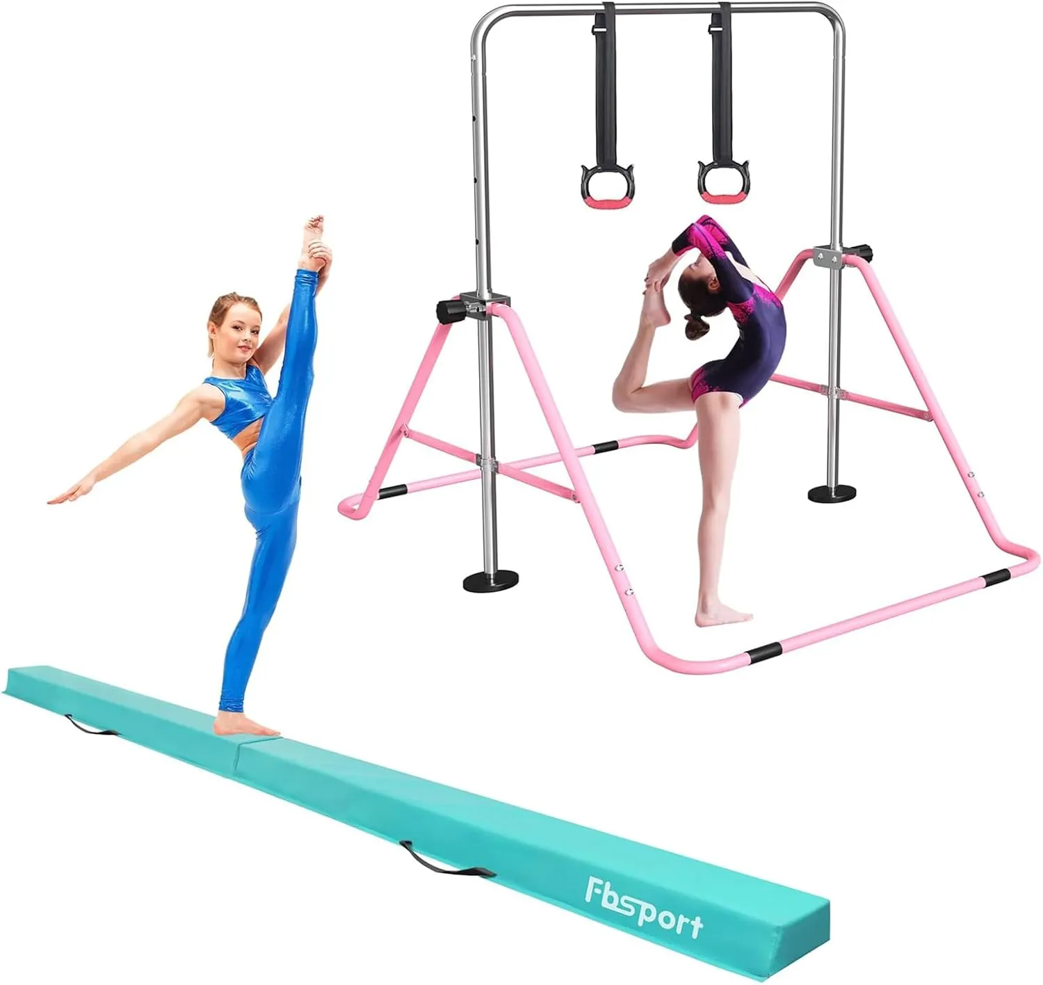 FBSPORT 8FT Folding Floor Beam, Ideal for Home Training and Professional Practice and Gymnastics Bar & Balance Beam Set for Kids, Adjustable Height Horizontal Bar with Rings