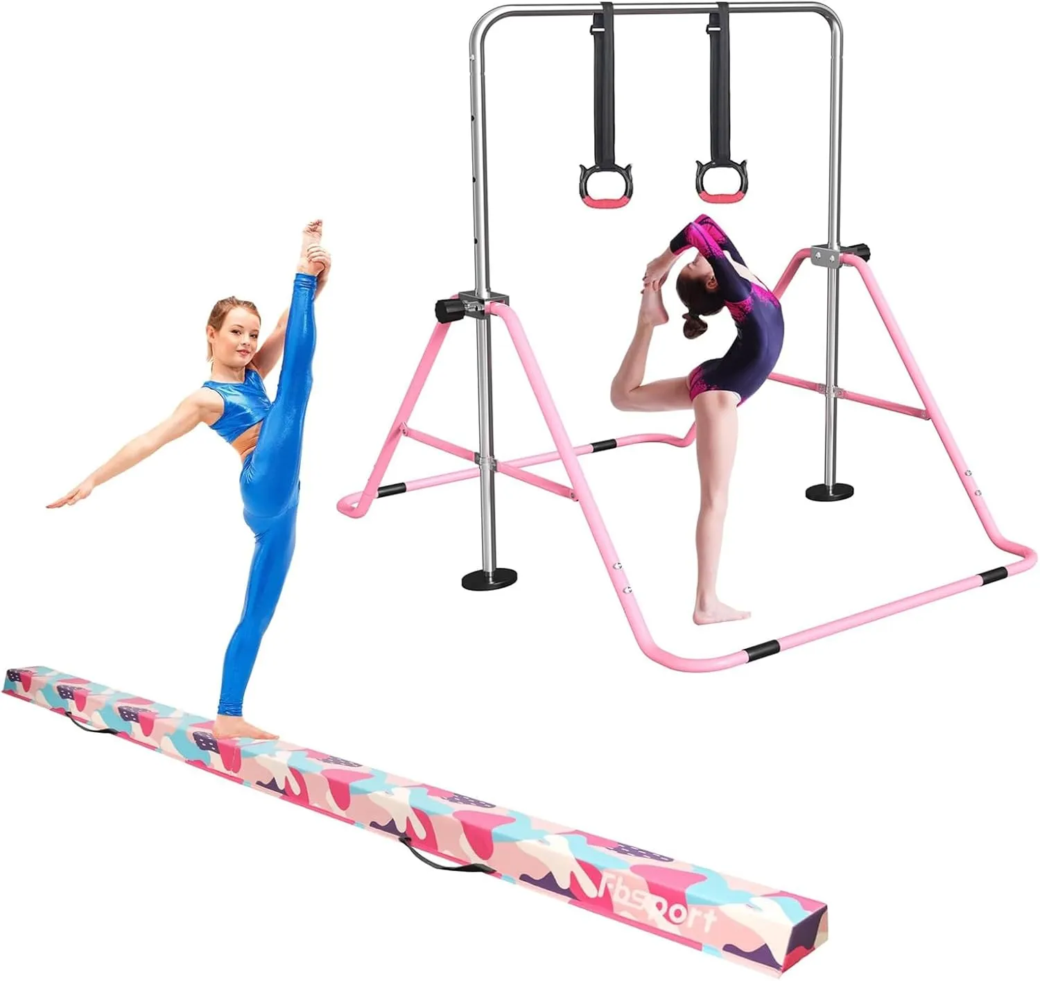 FBSPORT 8FT Folding Floor Beam, Ideal for Home Training and Professional Practice and Gymnastics Bar & Balance Beam Set for Kids, Adjustable Height Horizontal Bar with Rings