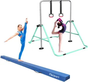 FBSPORT 8FT Folding Floor Beam, Ideal for Home Training and Professional Practice and Gymnastics Bar & Balance Beam Set for Kids, Adjustable Height Horizontal Bar with Rings