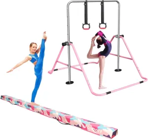 FBSPORT 8FT Folding Floor Beam, Ideal for Home Training and Professional Practice and Gymnastics Bar & Balance Beam Set for Kids, Adjustable Height Horizontal Bar with Rings