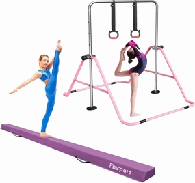 FBSPORT 8FT Folding Floor Beam, Ideal for Home Training and Professional Practice and Gymnastics Bar & Balance Beam Set for Kids, Adjustable Height Horizontal Bar with Rings