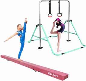 FBSPORT 8FT Folding Floor Beam, Ideal for Home Training and Professional Practice and Gymnastics Bar & Balance Beam Set for Kids, Adjustable Height Horizontal Bar with Rings