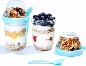 Felli On the Go Yogurt Parfait Snack Cup 12 oz Reusable Leak Proof   Travel Spoon, Topping Holder for Fruit Cereal Milk, To Go Lunch Healthy Portion Control Overnight Oats Container Clear (2, Blue)