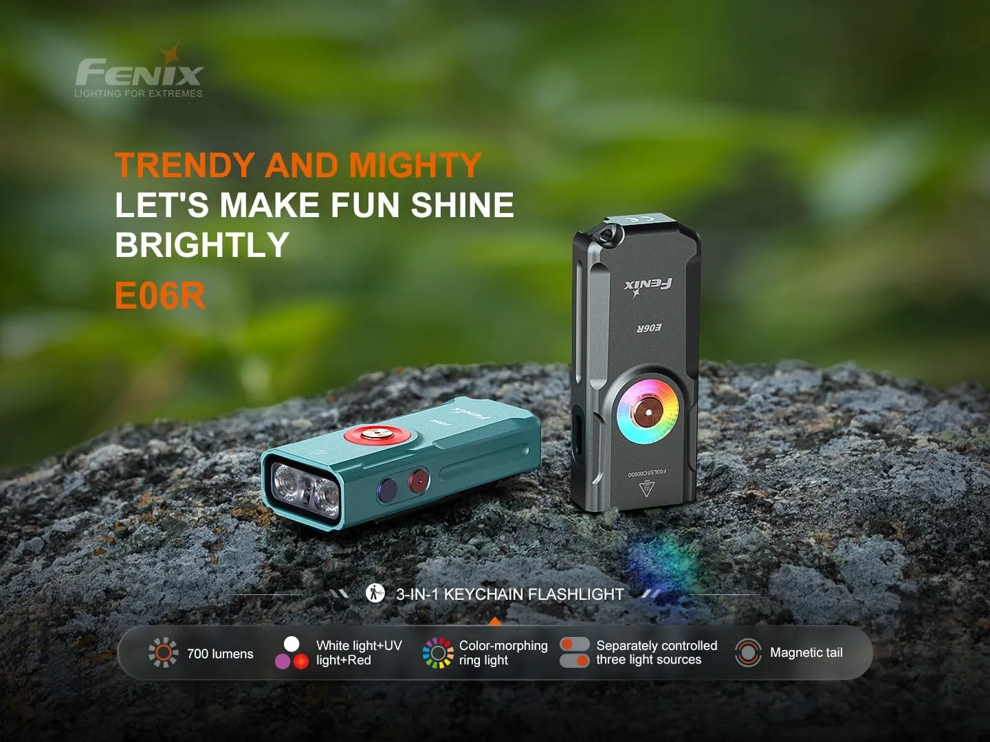Fenix E06R 700 Lumen 3-in-1 EDC Keychain Flashlight, USB-C Rechargeable, Includes UV Light and Lumentac Organizer (Grey)