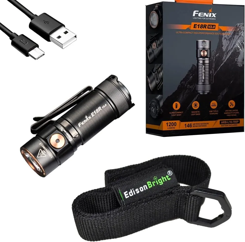 Fenix E18R V2 1200 Lumens EDC Rechargeable Flashlight with Edisonbright Holster Bundle