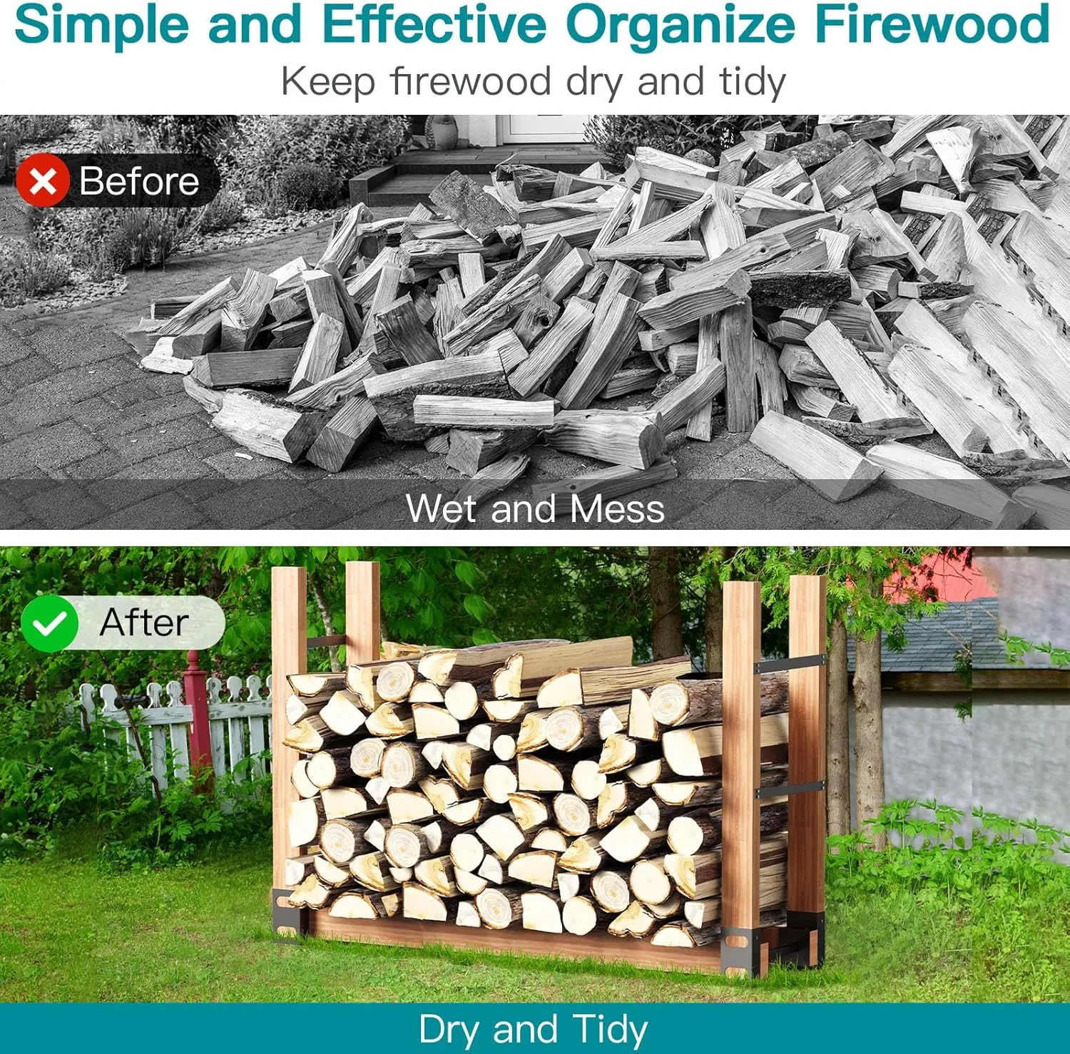 Firewood Rack Outdoor, Adjustable Length Wood Storage Brackets Kit, Log Stacking Stand Holder for Outdoor Indoor Fireplace, Wood Burning Fire Pits, Black, Set of 2