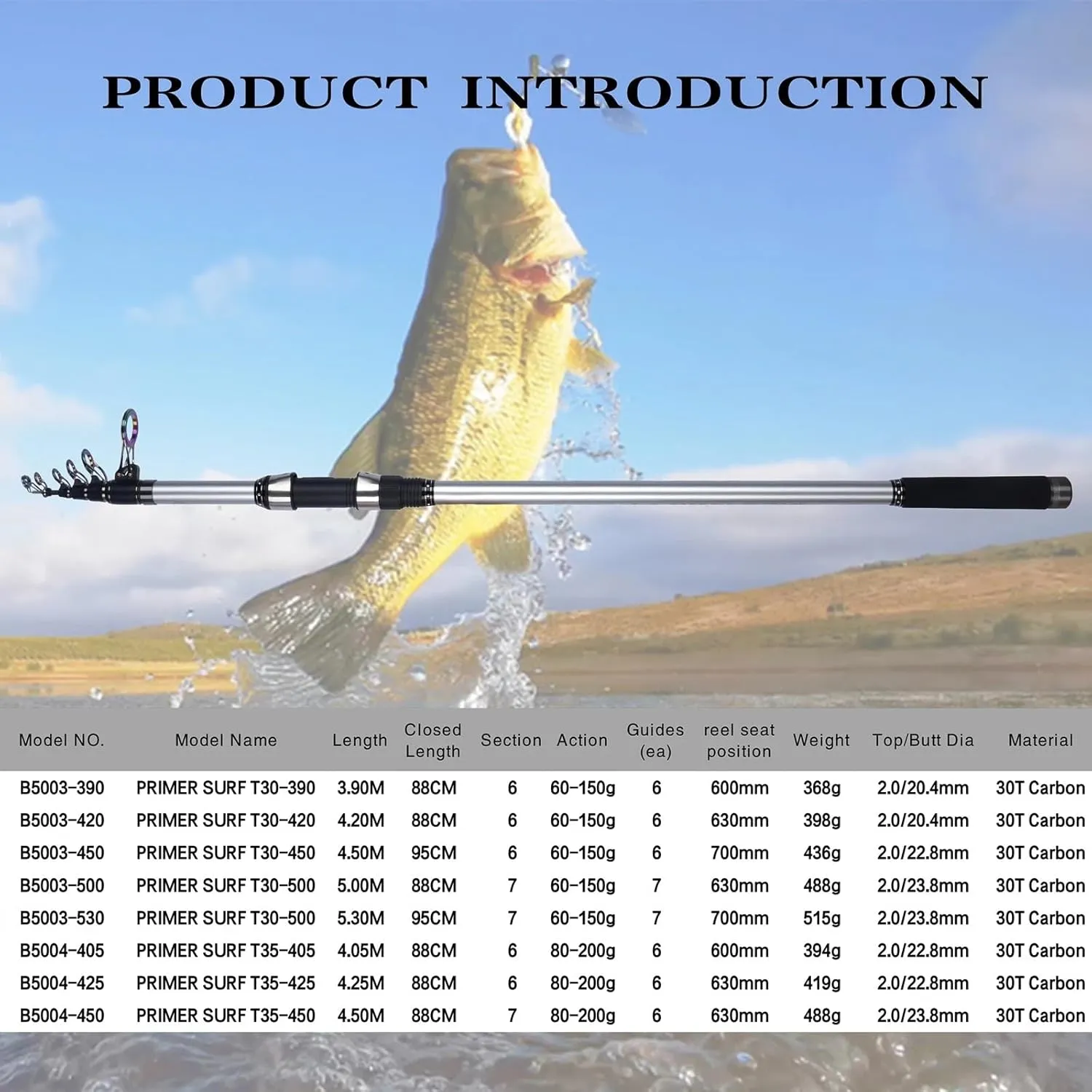 Fishing Rod Telescopic Fishing Surf Rod Travel Spinning Power 60-200g Throw Surfcasting Shore Casting Pole 5.3/5.0/4.5/4.2/4.05/3.9m Fishing Pole