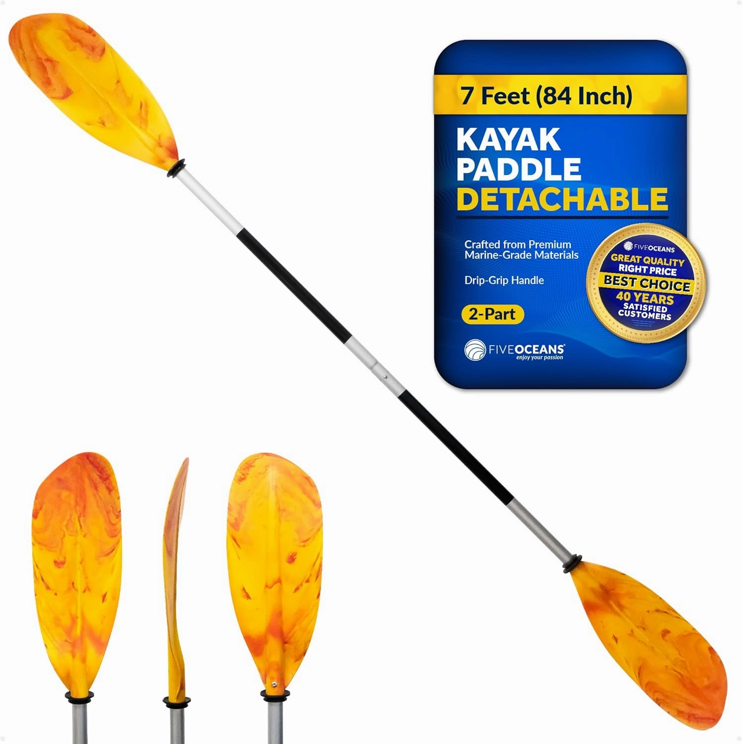 Five Oceans Kayak Paddles, 84" - 7ft Kayak Fishing Paddle, Detachable Heavy-Duty Aluminum Shaft, Reinforced Fiberglass Blades, 2-Piece Snap-Button, Lightweight Paddle Design for All Kayaks - FO2880