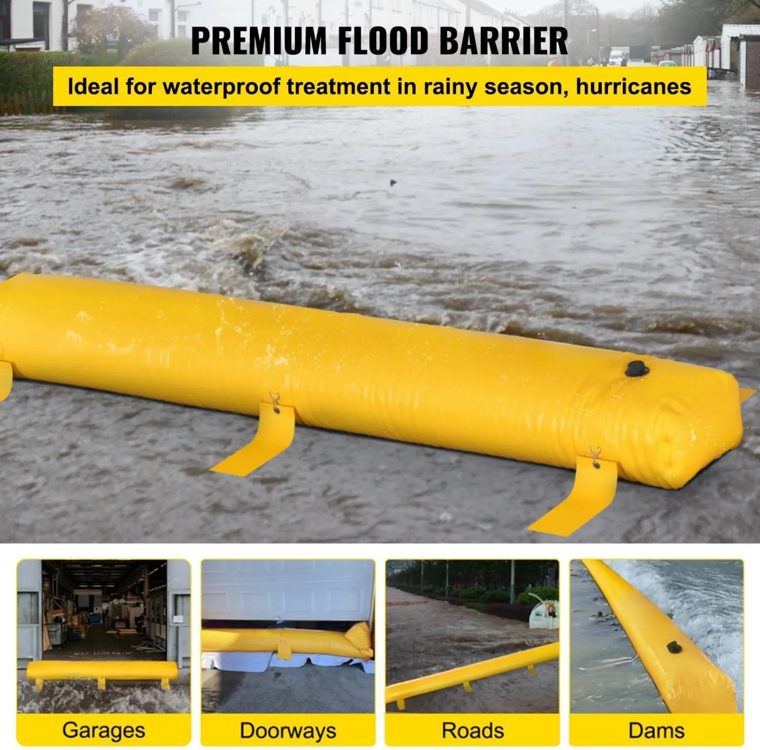 Flood Barrier,24 ft Length x 12 in Height, Reusable PVC Water Diversion Tubes, Flood Bag,Water Barrier for Flooding with Waterproof Effect,for Home, Door, Garage,288.7 Gallon Capacity,Yellow