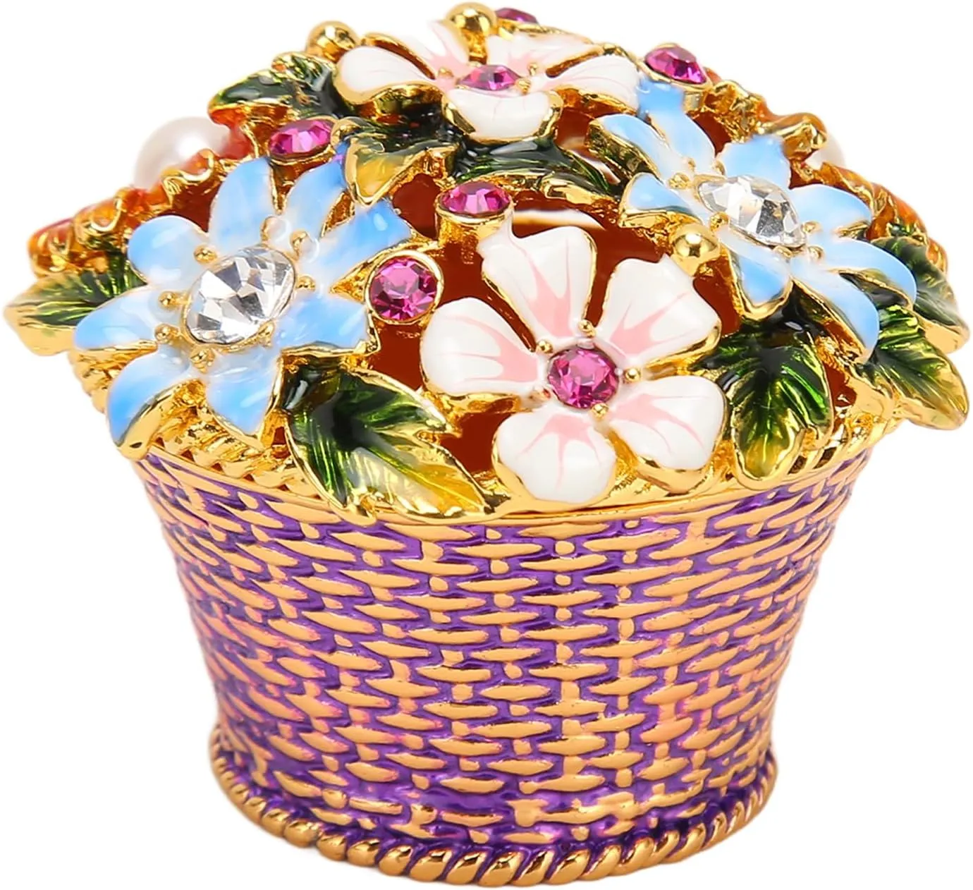 Flower Basket Trinket Box Jewelry Box Hand Painted Decorative Box with Hinged Lid, Hinged Trinket Boxes Crystal Jeweled Enameled, Hand Painted Trinket Box